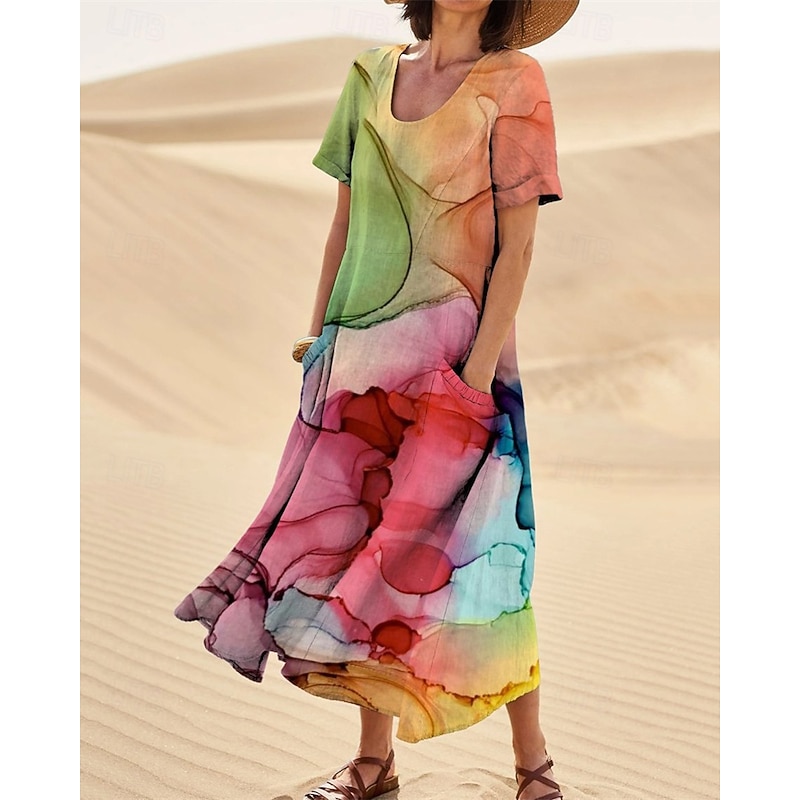 Women's Long Dress Maxi Dress Casual Dress Swing Dress Summer Dress Elegant Fashion Romantic Outdoor Party Holiday Regular Fit Flower Short Sleeve Crew Neck Yellow Red Green Summer3