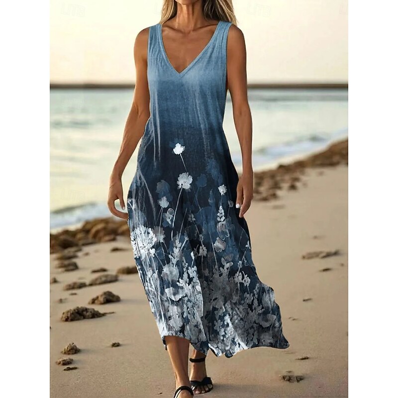 Women's Long Dress Maxi Dress Casual Dress Tank Dress Summer Dress Vintage Daily Holiday Beach Regular Fit Floral Sleeveless V Neck Royal Blue Blue Dark Green Light Purple Summer