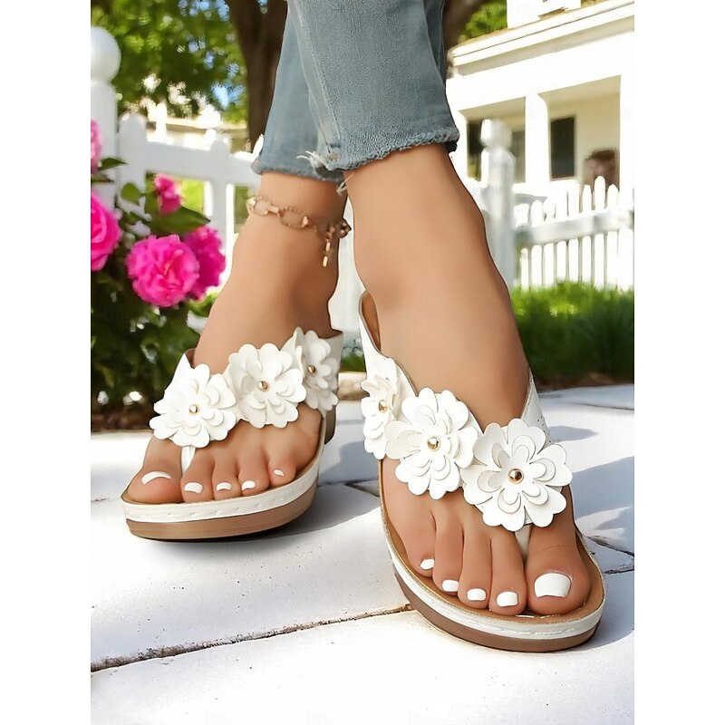 Women's Floral Wedge Flip-Flops with Cushioned Sole, Summer Comfort Sandals for Home, Beach and Daily Errands2