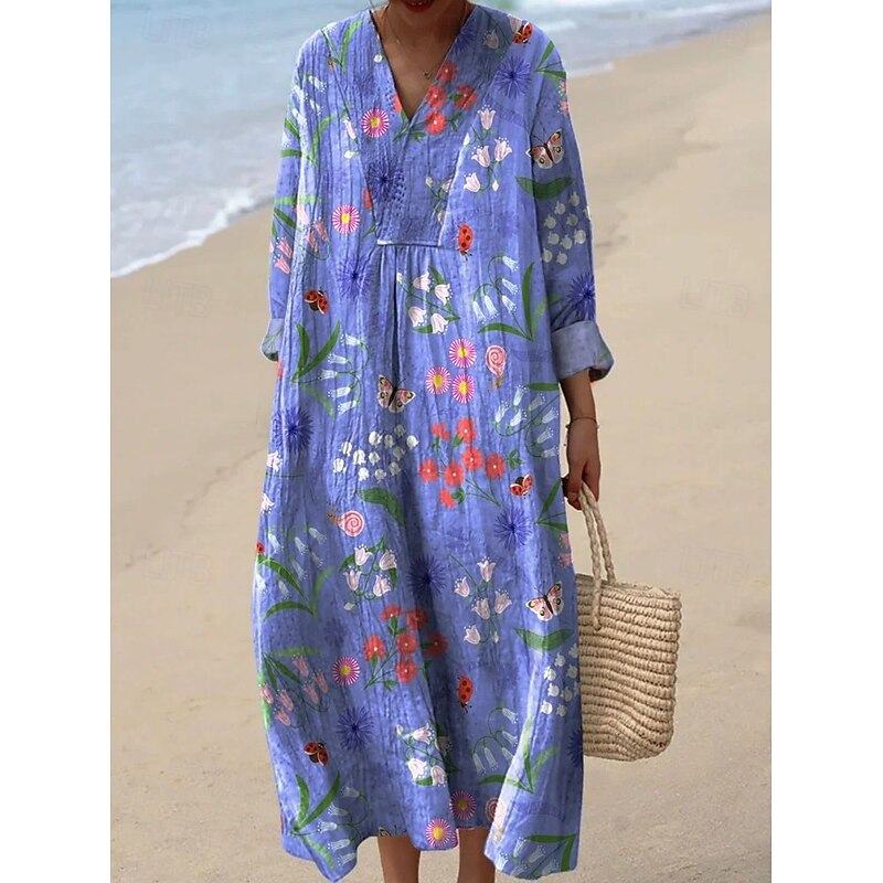 Women's Midi Dress V Neck Long Sleeve Kaftan Lightweight Loose Fit A Line Dress Casual Boho Going out Floral Graphic Long Sleeve V Neck Pink Blue Light Purple Fuchsia3