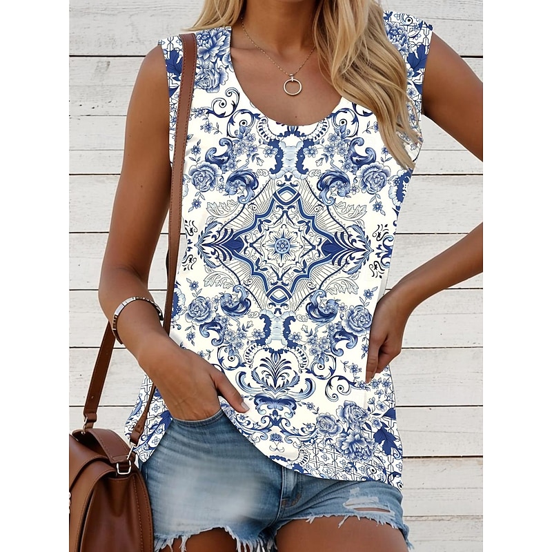 Women's Camisole Tank Top Graphic Geometric Bohemia Vintage Daily Sleeveless Crew Neck Regular Tops Daily Print Black Pink Red Blue Orange Summer2