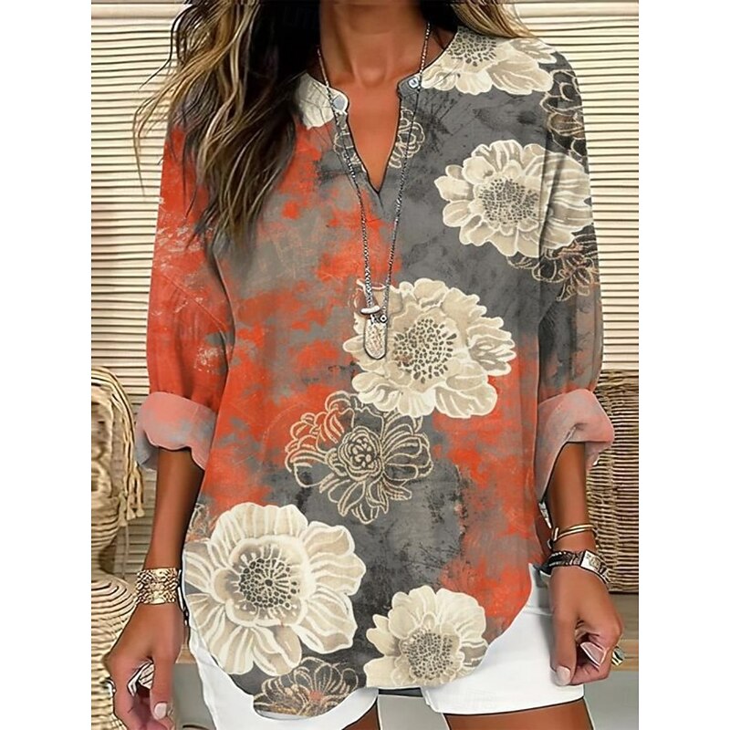 Women's Shirt Floral Stylish Modern Long Sleeve V Neck Regular Tops Daily Holiday Buttons Print Red Purple Summer