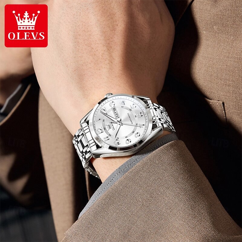 OLEVS 3666 Luxury Man Watch Stainless Steel Waterproof Dual Calendar Classic Large Digital Dial Original Quartz Watches4
