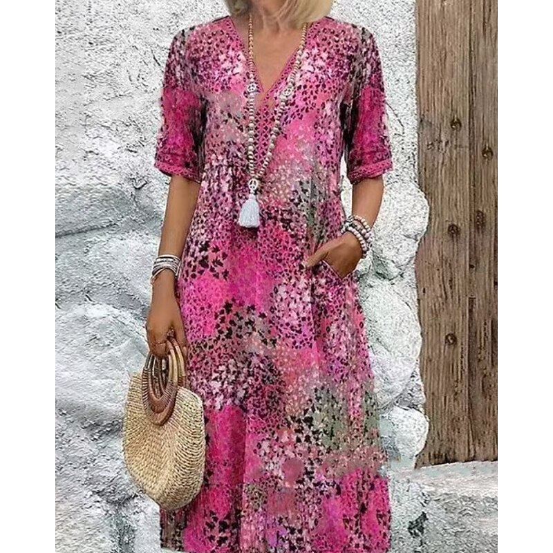 Women's Midi Dress Floral Dress Print Dress Classic Modern Outdoor Vacation Going out Regular Fit Flower Short Sleeve V Neck Blue Khaki Rose Red Summer3