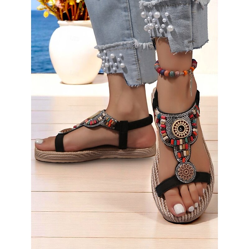 Women's Bohemian Beaded Thong Sandals with Ethnic Embroidery – Comfortable Flat Summer Shoes for Beach, Travel, and Casual Outings4
