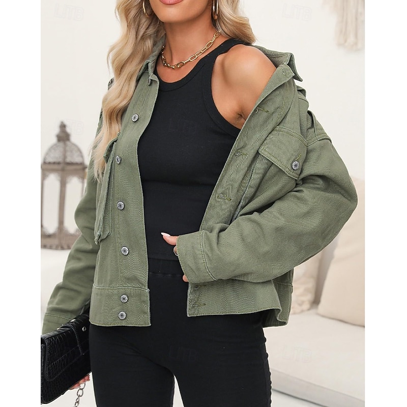 Women's Casual Jacket Comfortable Pocket Buttons Modern Casual Plain Vacation Street Going out Weekend Single Breasted Regular Turndown Regular Fit Long Sleeve Outerwear Black White Brown Fall Winter