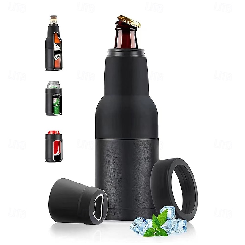 Beer Bottle and Can Cooler, Vacuum Insulated Stainless Steel Beer Holder with Opener, Fits Slim Cans and Bottles, Double Walled Drink Cooler Gift for Men, Midnight Black