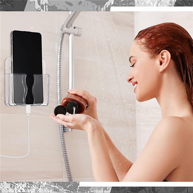 Wall Mounted Phone Holder Self Adhesive Cell Phone Stand with Charging Hole Acrylic Clear Remote Control Stand Bedside Organizer for Home Office4