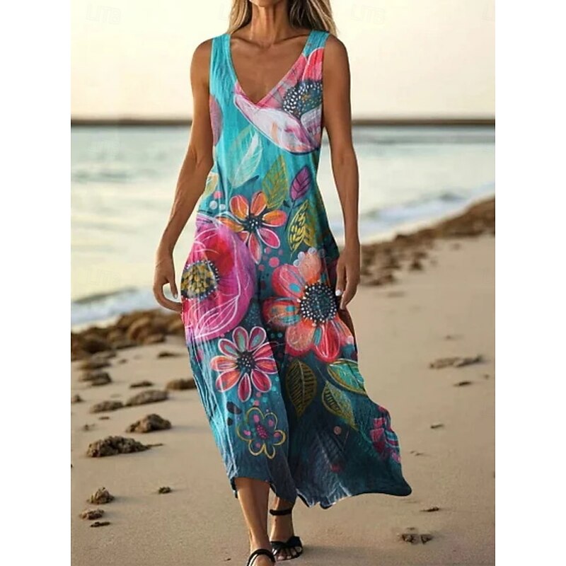 Women's Long Dress Maxi Dress Casual Dress Tank Dress Summer Dress Vintage Daily Holiday Beach Regular Fit Floral Sleeveless V Neck Light Pink Aqua Blue Black Pink Summer3