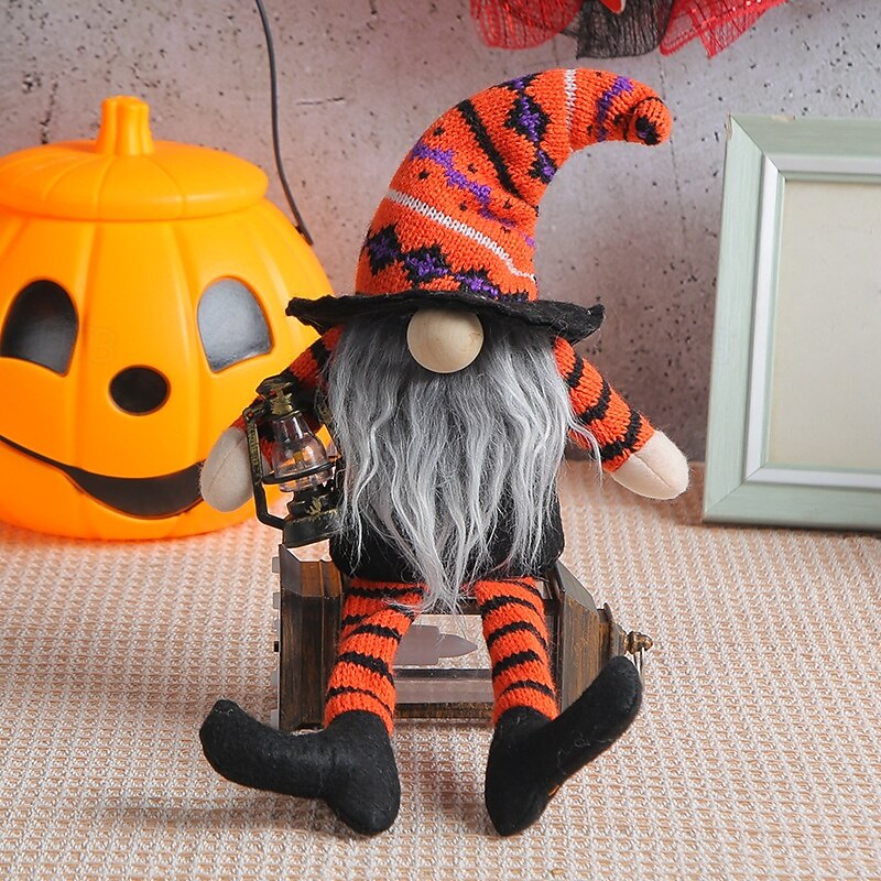 Halloween Gnome with Broom and Witch Hat Doll, Striped Long Legs No-Face Doll, Spooky Ghost Festival Decoration Prop3