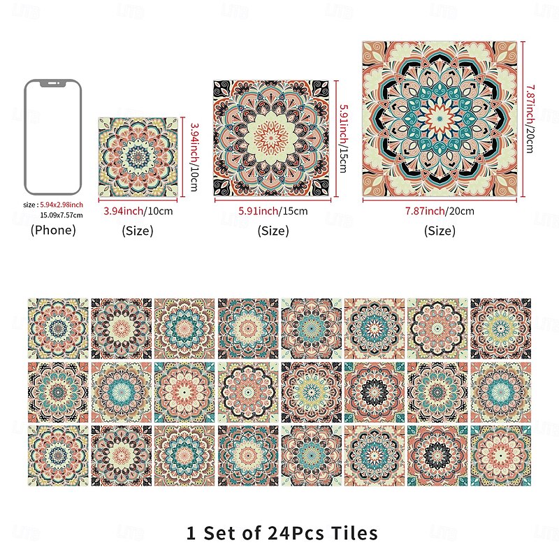 24/48pcs Thickened crystal filmMoroccan Style TileStickers Retro PVC Wall DecorWaterproof & Oil-proof RemovableFor Bathroom Kitchen DecorVintage Home Decor2