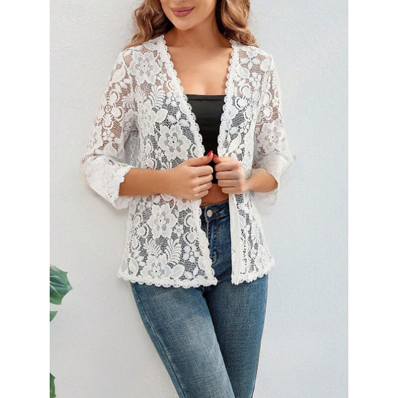 Women's Casual Jacket Breathable Comfortable Lace Patchwork Casual Plain Vacation Street Casual Daily Wear Single Breasted Regular V Neck Regular Fit Long Sleeve Outerwear White Summer Spring3