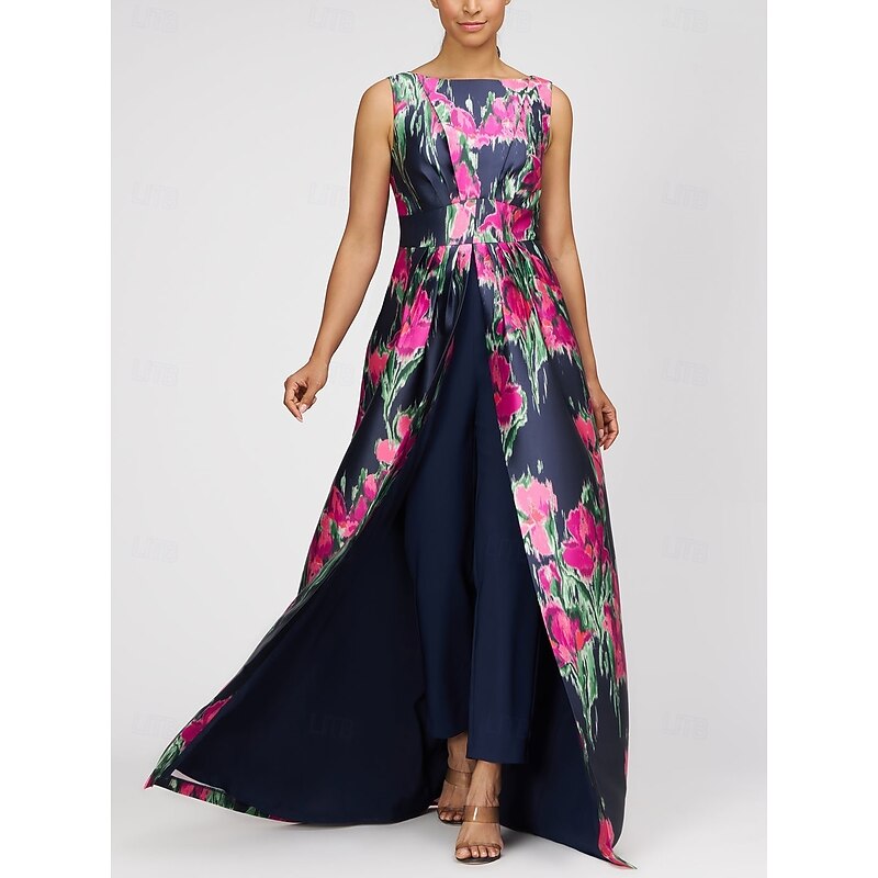 Jumpsuits Mother of the Bride A-Line Evening Gown Elegant Dress Formal Wedding Guest Floor Length Sleeveless Boat Neck Satin with Floral Print Pocket4