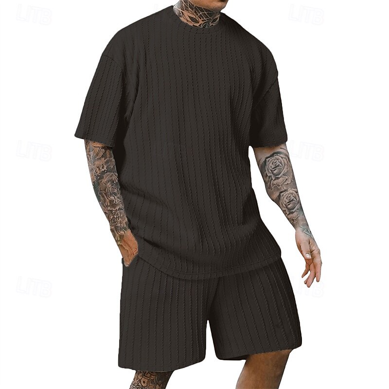 Men's T-shirt Suits 2 Pieces Outfits Tee & Shorts Short Sleeve Crew Neck Summer Plain Fashion Casual 2 Piece Jacquard Vacation Daily Wear Going out Black White Yellow Top Tee for Men4