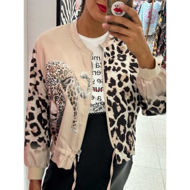 Women's Bomber Jacket Comfortable Breathable Zipper Print Casual Leopard Vacation Street Casual Daily Wear Zipper Regular Stand Collar Regular Fit Long Sleeve Outerwear Black White Pink Summer Spring4
