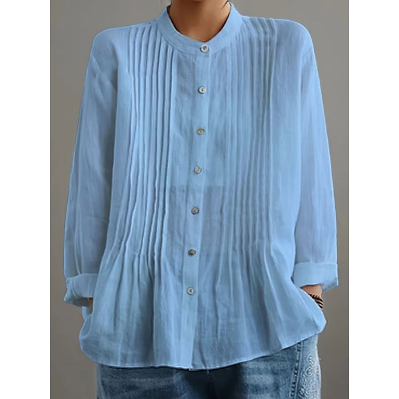 Women's Blouse Solid Color Elegant Casual Long Sleeve High Neck Regular Tops Daily Holiday Buttons Black White Yellow Red Blue Summer Fall2