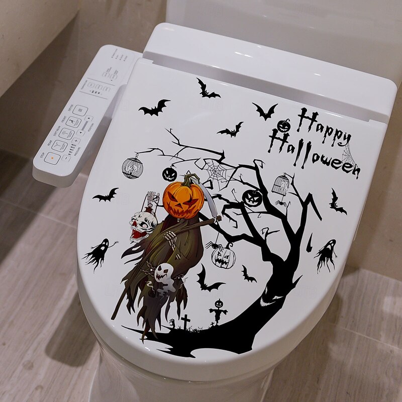 Halloween Toilet Seat Decal Sticker Pumpkin, Ghost, and Bat Design, Self-Adhesive Bathroom Toilet Lid Decoration3