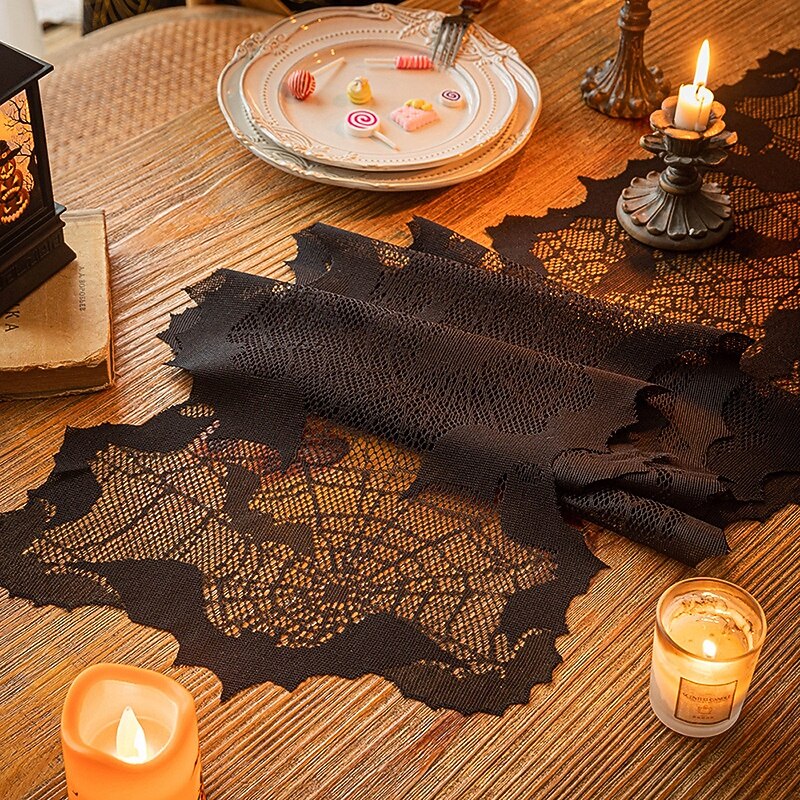 Halloween Spider Web Bat Table Runner - Hollow Out Tablecloth for Ghost Festival Party Atmosphere Decoration