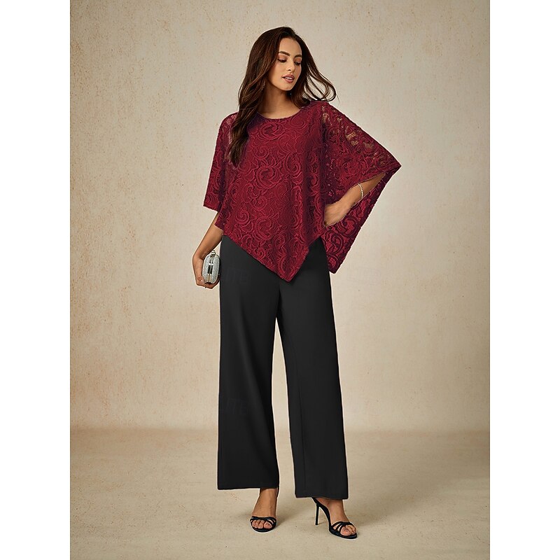 Women's Blouse Dressy Tops Plain Elegant Half Sleeve Crew Neck Regular Tops Wedding Guest Daily Lace Patchwork Layered Wine Summer Spring3