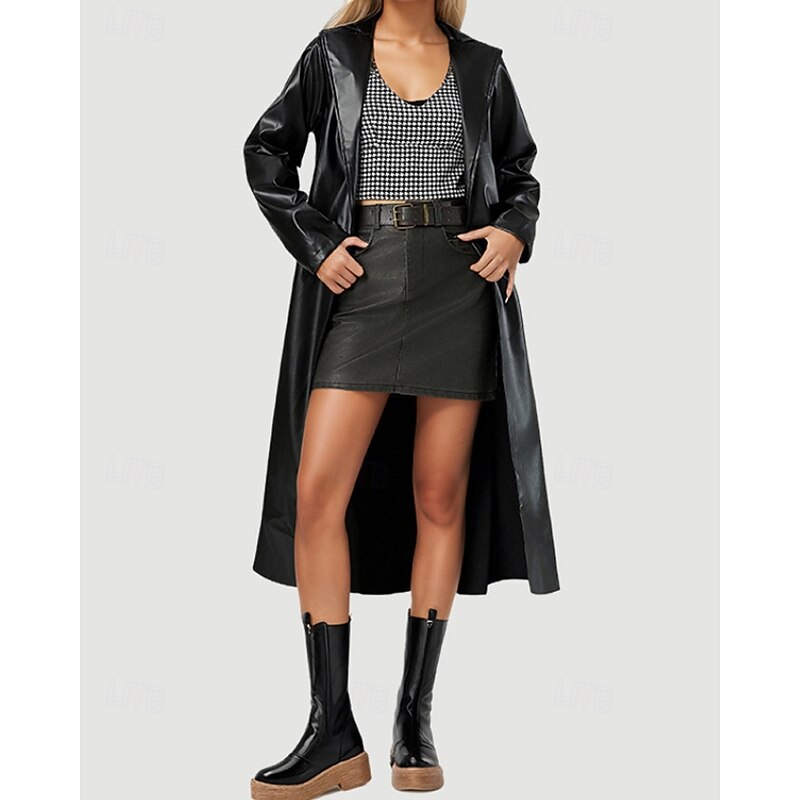 Women's Trench Coat Warm Comfortable Pocket Active Fashion Plain Going out Weekend Open Front Long Turndown Regular Fit Long Sleeve Outerwear Black Fall Winter2