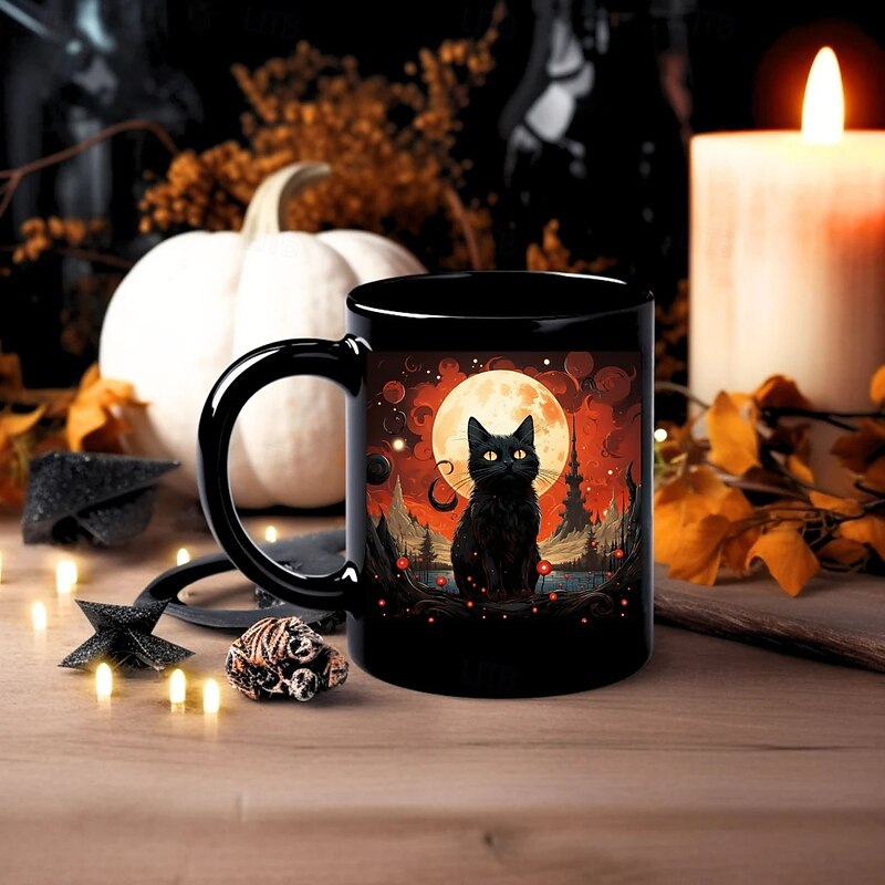 Halloween Gift Mug, Black Cat Ceramic Coffee Mug 330ml/12oz, Cute Halloween Cup for Cat Lovers, Spooky Kitty Themed Mug for Women, Friends, Holiday Gift3