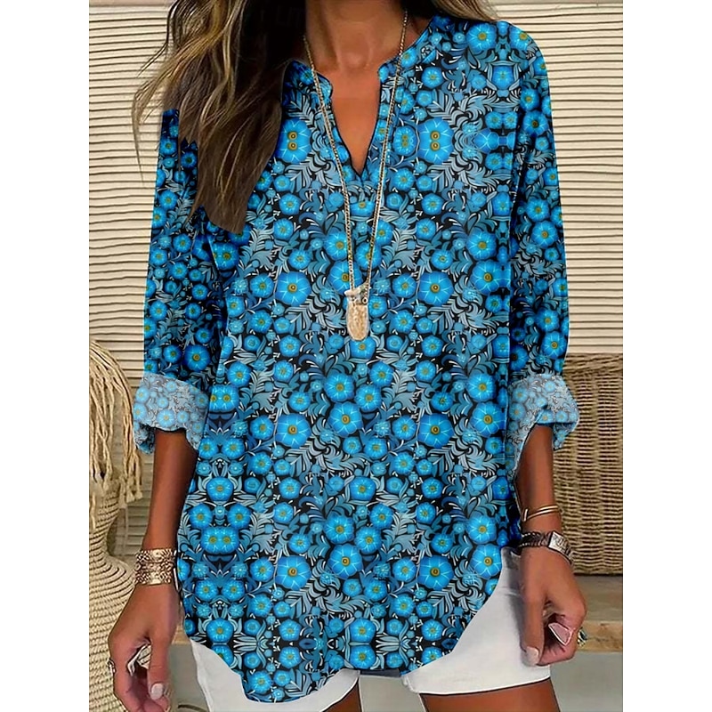 Women's Blouse Floral Stylish Modern Long Sleeve V Neck Regular Tops Daily Holiday Print White Yellow Blue Orange Apricot Summer4