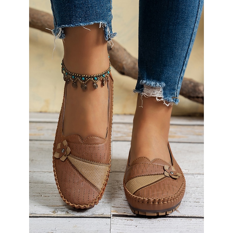 Women's White Perforated Loafers with Flower Detail – Soft Casual Flats for Garden Strolls, Driving and Everyday Comfort