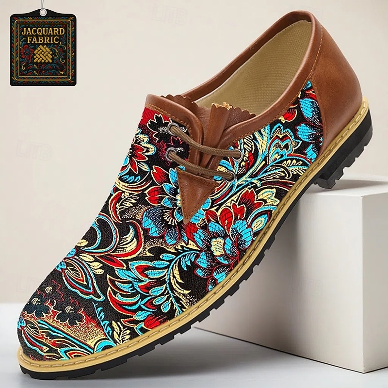Men's Colorful Jacquard Lace-Up Shoes – Artistic and Fashion-Forward Vintage Casual Footwear for Creative Professionals, Urban Walks, Bavarian Beer Festivals and Casual Social Events