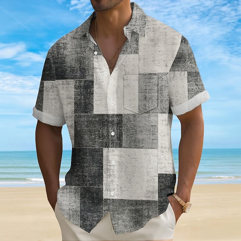 Men's Geometric Color Block Patchwork Shirt Summer Shirt Button Up Shirt Short Sleeve Fashion Casual Outdoor Vacation Dailywear Summer Spring Turndown 3D Print Collared Shirts Front One Pocket Black3