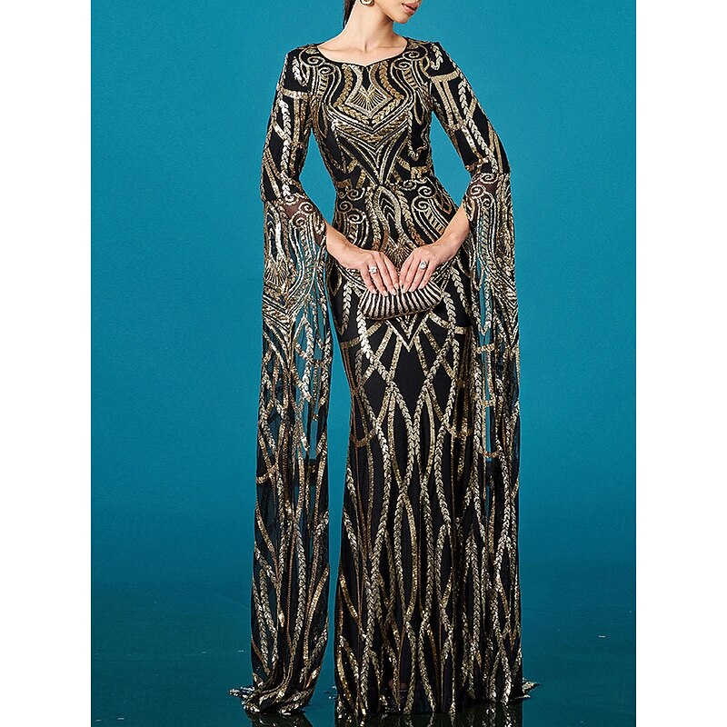 Black and Gold Mermaid / Trumpet Evening Gown Elegant Dress Formal Wedding Floor Length Long Sleeve Crew Neck Sequined Lace