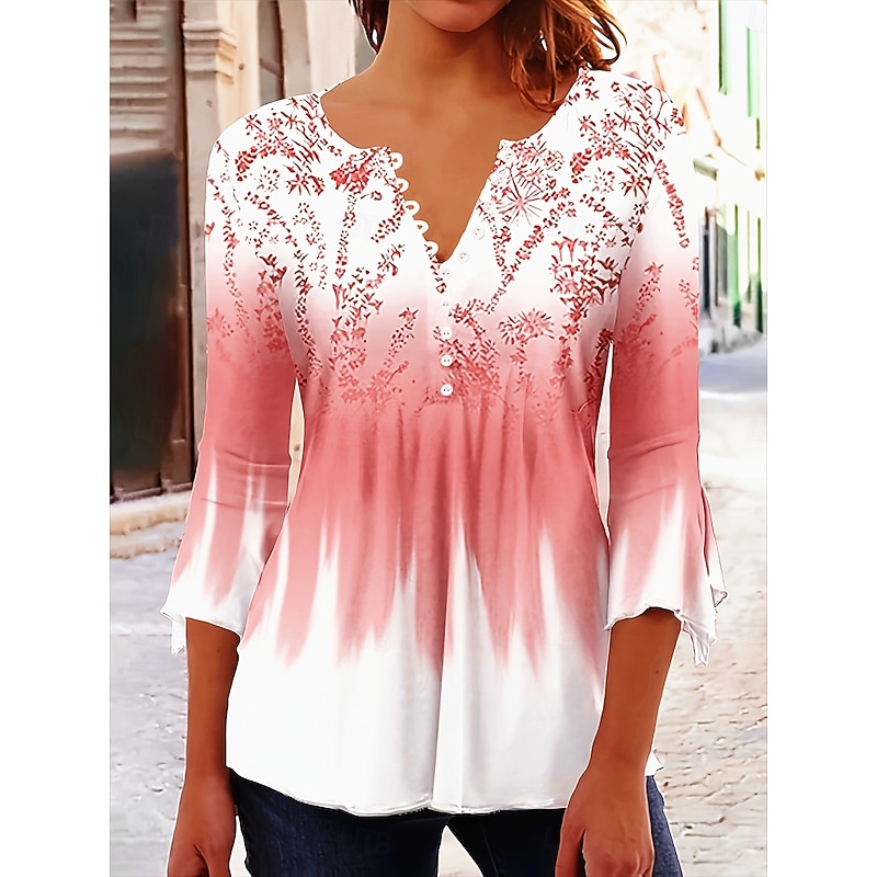 Women's Blouse V Neck Ombre Graphic Elegant 3/4 Length Sleeve Crew Neck Regular Tops Daily Going out Ruffle Buttons Black White Pink Spring Fall