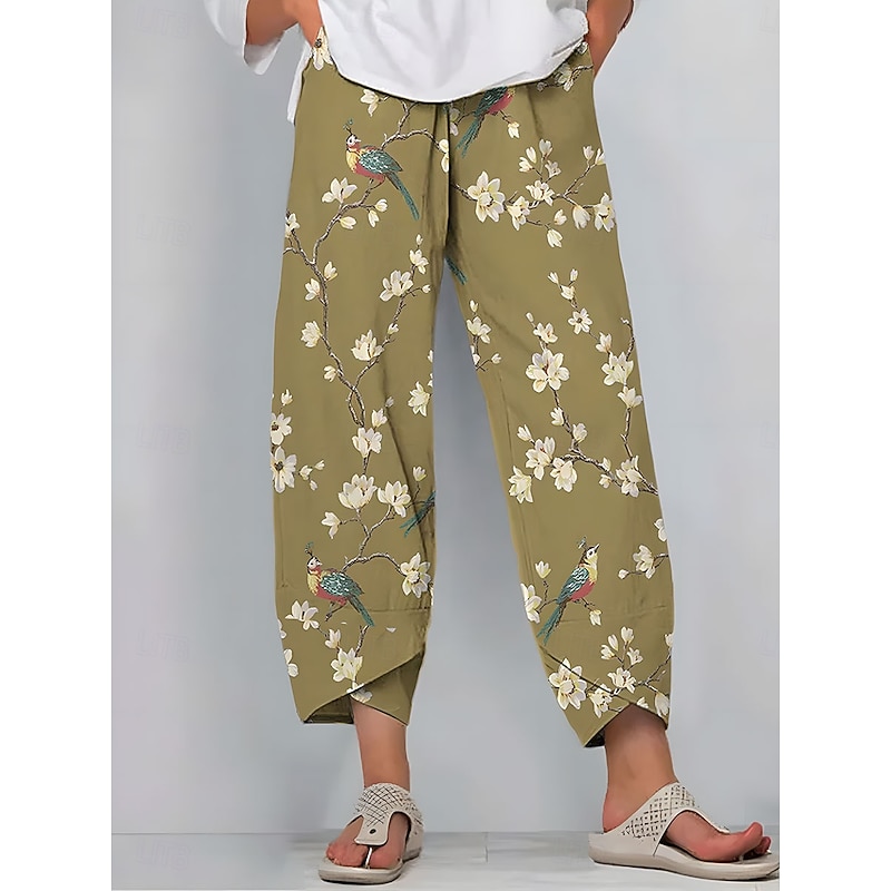 Women's Wide Leg Chinos Baggy Pants Vintage Basic Casual Ankle-Length High Waist Floral Graphic Drawstring Patchwork Printing Breathable Inelastic Outdoor Vacation Street Yellow Blue Green Beige4