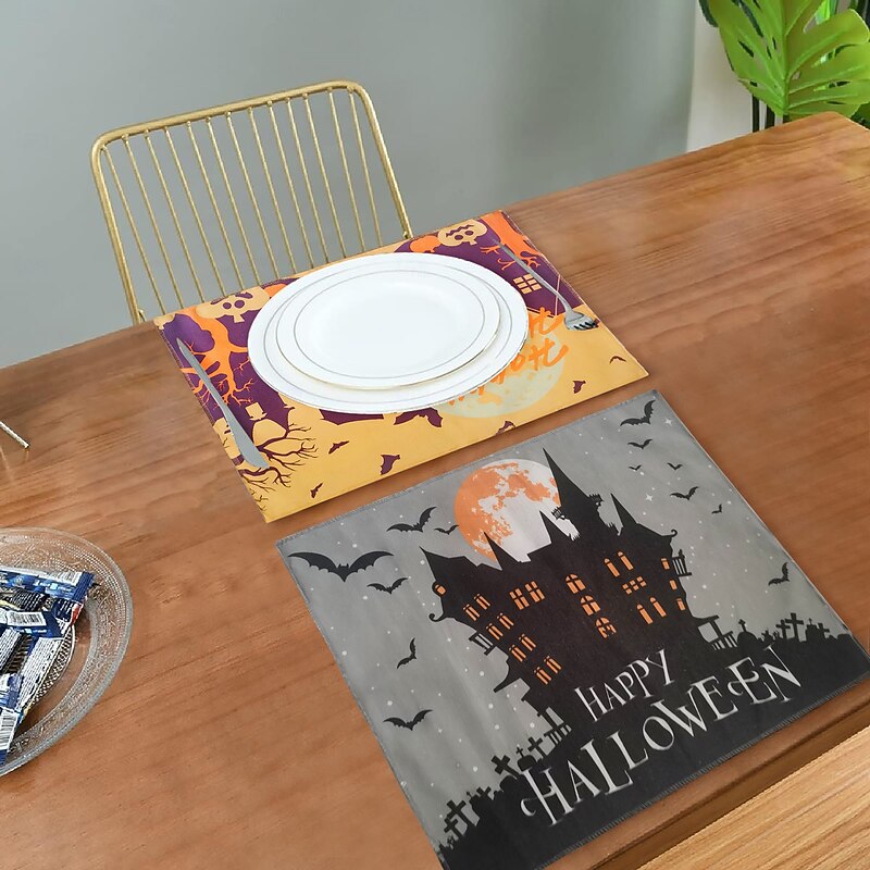 Halloween Placemats, Rectangle Easy Care Cotton Linen Place Mat, Decorative Table Mat for Party Holiday Everyday Use 4 Pieces, Witches Hat Spooky Pumpkins Magical Night Autumn2