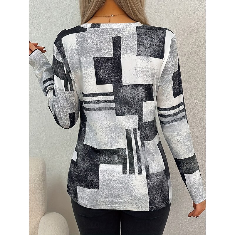 Women's T shirt Crew Neck Long Sleeve Tunic Graphic Geometric Vintage Stylish Classic  Round Neck Regular Tops Daily Print Black and White Fall3
