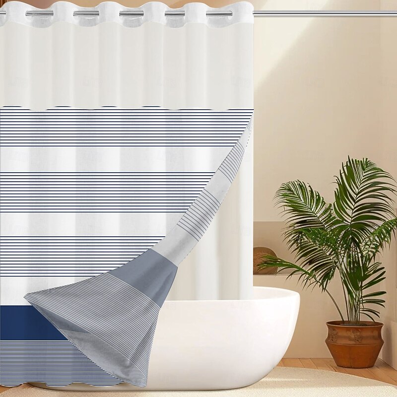 No Hook Geometry Striped Shower Curtain With Snap-in Fabric Liner Sheer Top Window Waterproof Double Layer Bathtub curtain2