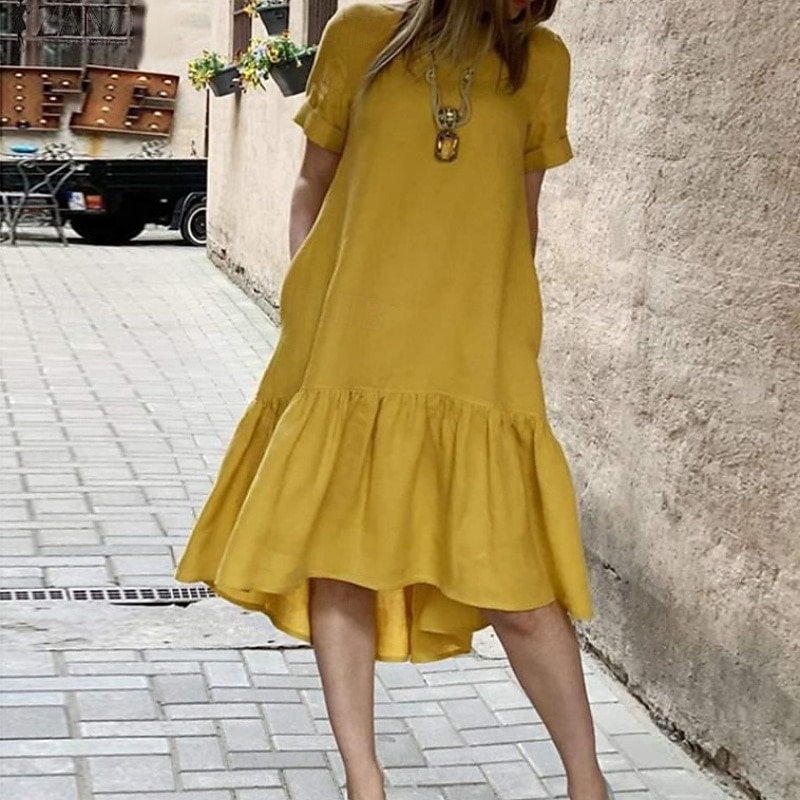Women's Midi Dress Casual Dress Peplum Dresses Classic Modern Outdoor Vacation Daily Regular Fit Plain Short Sleeve Crew Neck Black Yellow Wine Summer3
