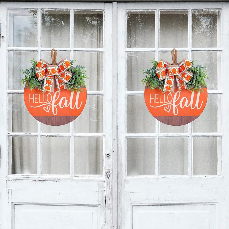 Fall Wooden Sign for Thanksgiving Autumn Harvest, Pumpkin Bow Door Hanging, Rustic Porch and Window Decor4