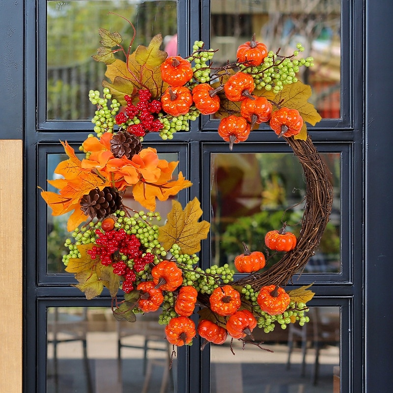 Fall Wreath for Front Door Thanksgiving Autumn Harvest Indoor Outdoor Decoration, Artificial Maple Leaf Pumpkin Grapevine Wreath Wholesale Harvest Festival Decor