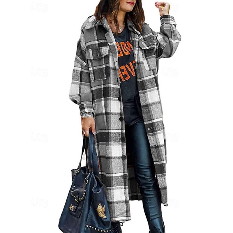 Women's Trench Coat Comfortable Buttons Pocket Modern Street Style Plaid Going out Casual Daily Single Breasted Long Turndown Regular Fit Long Sleeve Outerwear Red Rose Red Gray Fall Winter4