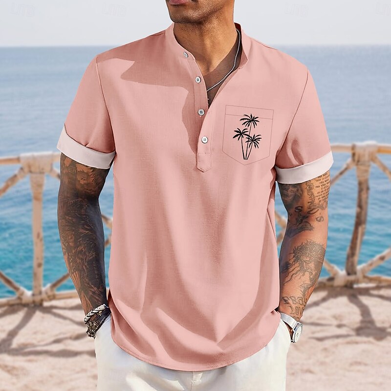 Men's Coconut Tree Tropical Plants Hawaiian Shirt Henley Shirt Stand Collar Shirt Short Sleeve Hawaiian Vacation Casual Summer Spring Mandarin Collar Band Collar Buttons Front One Pocket Linen Like