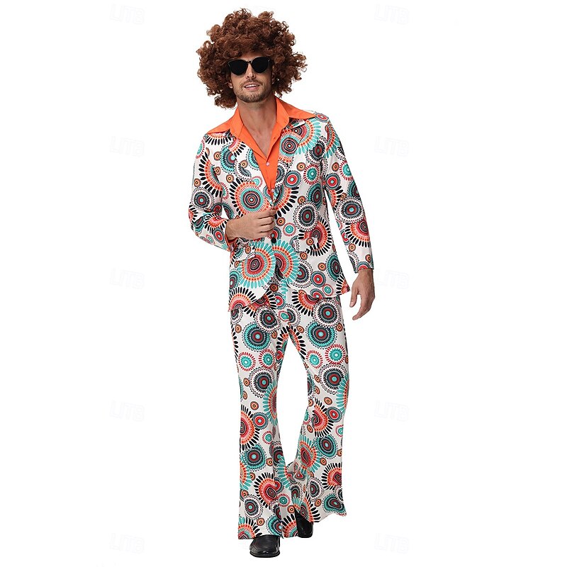 Retro Vintage 1960s Hippie Cosplay Wigs Trousers Shirt Hippie Printing Fancy Dress Men's Halloween Carnival Masquerade Music Festival Pride Parade Pride Month Adults' Coat Shirt Pants All Seasons2