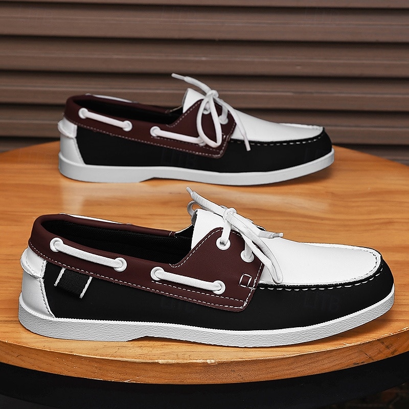 Men's Black and White Two-Tone Boat Shoes with Classic Lace-Up Design Comfortable and Stylish Ideal for Beach Trips Casual Wear and Summer Events2