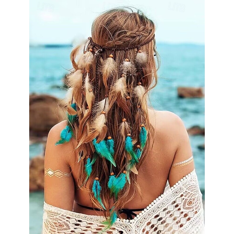 Women's Boho Feather Hair Headband – Adjustable Festival Headdress with Natural Feathers and Beads for Beach, Parties and Bohemian Style Outfits