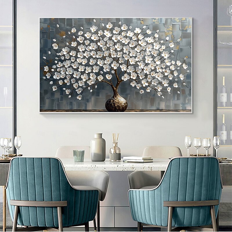 Handmade Original Blooming White Cherry Flowers Oil Painting On Canvas Abstract Floral Wall Art for Home Decor With Stretched Frame Without Inner Frame Painting