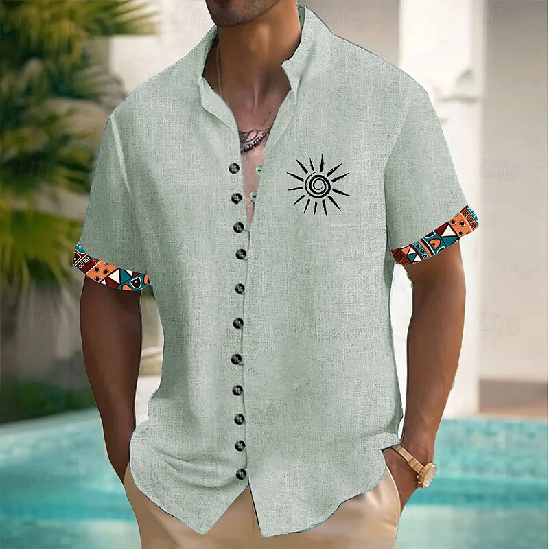 Men's Sun Ethnic Indian Culture Shirt Button Up Shirt Stand Collar Shirt Short Sleeves Vintage Retro Vacation Daily Summer Spring Grandad Collar Mandarin Collar 3D Print Linen Like Shirt Blue Green2