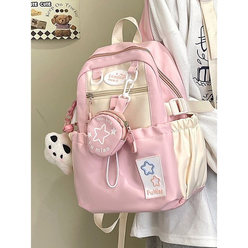 Girls Cute Macaroon Color Campus Backpack - Lightweight School Bag with Plush Pendant and Mini Pouch for Teens and College Students