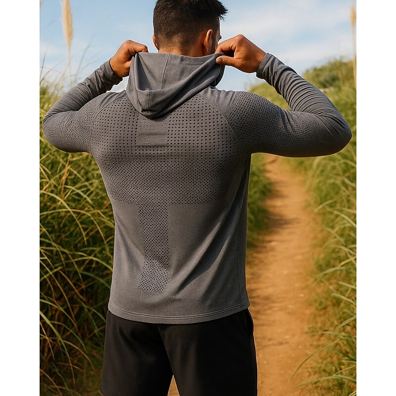 Men's Hoodie Sweatshirt Running Top Long Sleeve Tee Tshirt Geometric Quick Dry Lightweight Elastic Breathable Tennis Golf Running Sportswear Activewear Blue Dark Gray Light Grey2