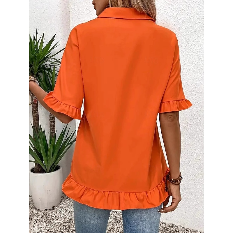 Women's Shirt Button Down Blouse Solid Color Plain Stylish Modern Casual Short Sleeve Shirt Button Down Blouse Collar Regular Tops Work Daily Holiday Ruffle Buttons White Orange Summer Spring2