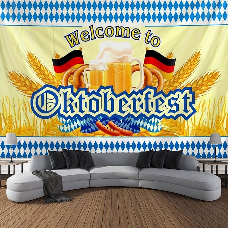 Oktoberfest German Bavarian Hanging Tapestry Pretzel Beer Wall Art Blue White Plaid Large Tapestry Mural Decor Photograph Backdrop Festival4
