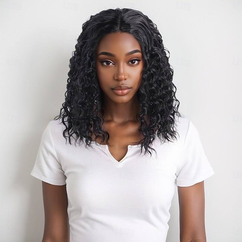 Synthetic Wig Wavy Afro Curly Asymmetrical With Bangs Machine Made Wig 14 inch A1 Synthetic Hair Women's Classic Comfortable Color Gradient Black3